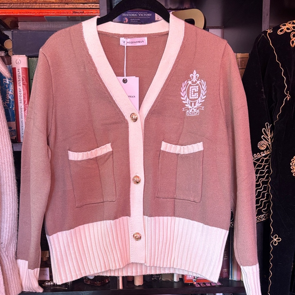 Light brown/Cream Two Tone Knit Cardigan Sweater